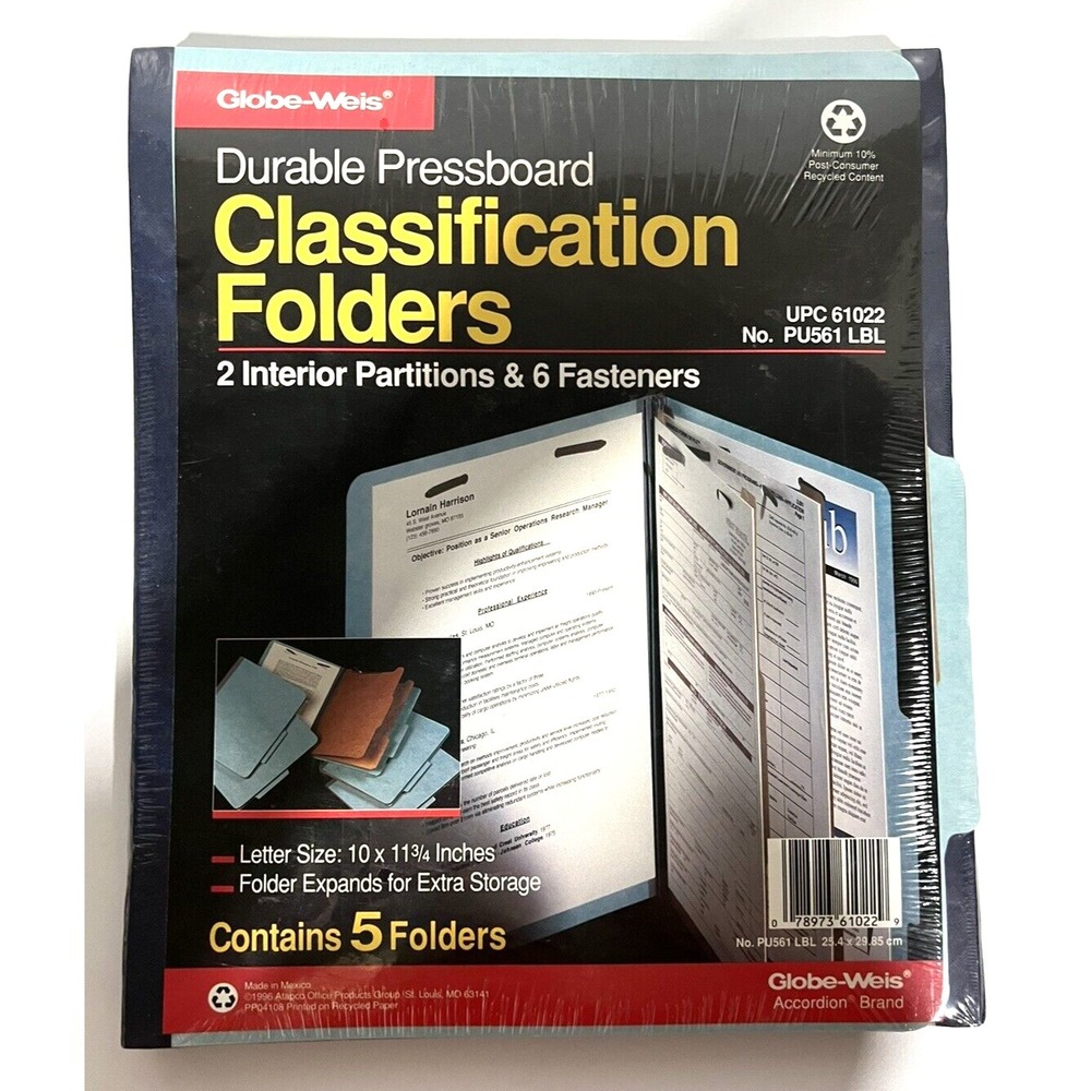 Globe-Weis Durable Pressboard Classification Folders 5 pk Letter Size Blue - New